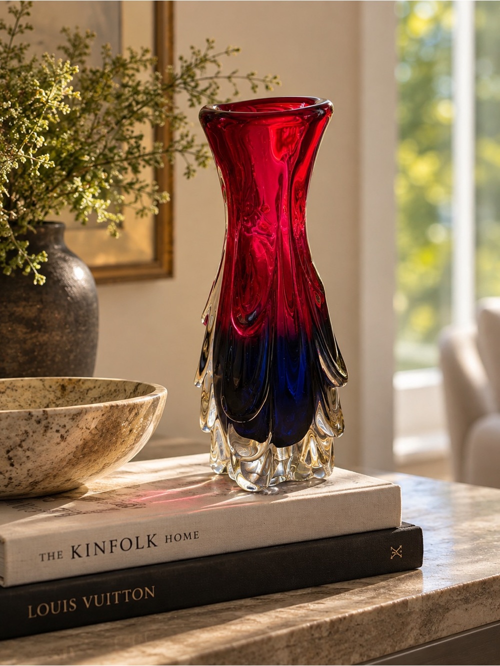 Vintage Sanyu-Attributed Japanese Art Glass Vase – 11” – Ruby Red & Cobalt Blue
